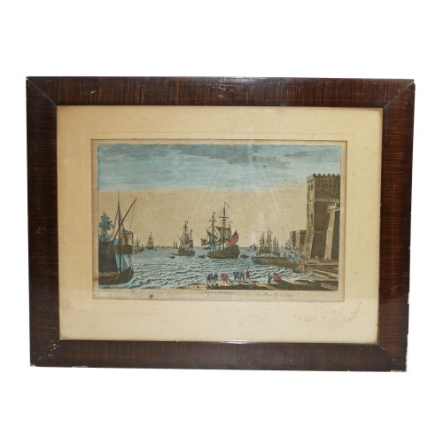 Dibujo de una lámina grabada, donde se observa una vista del puerto de Calais